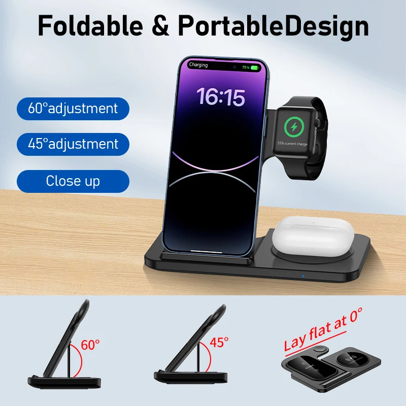 Fast Wireless Charger Stand | Foldable Charging Dock for iPhone 12–16 Pro Max, Apple Watch & AirPods BRELZA