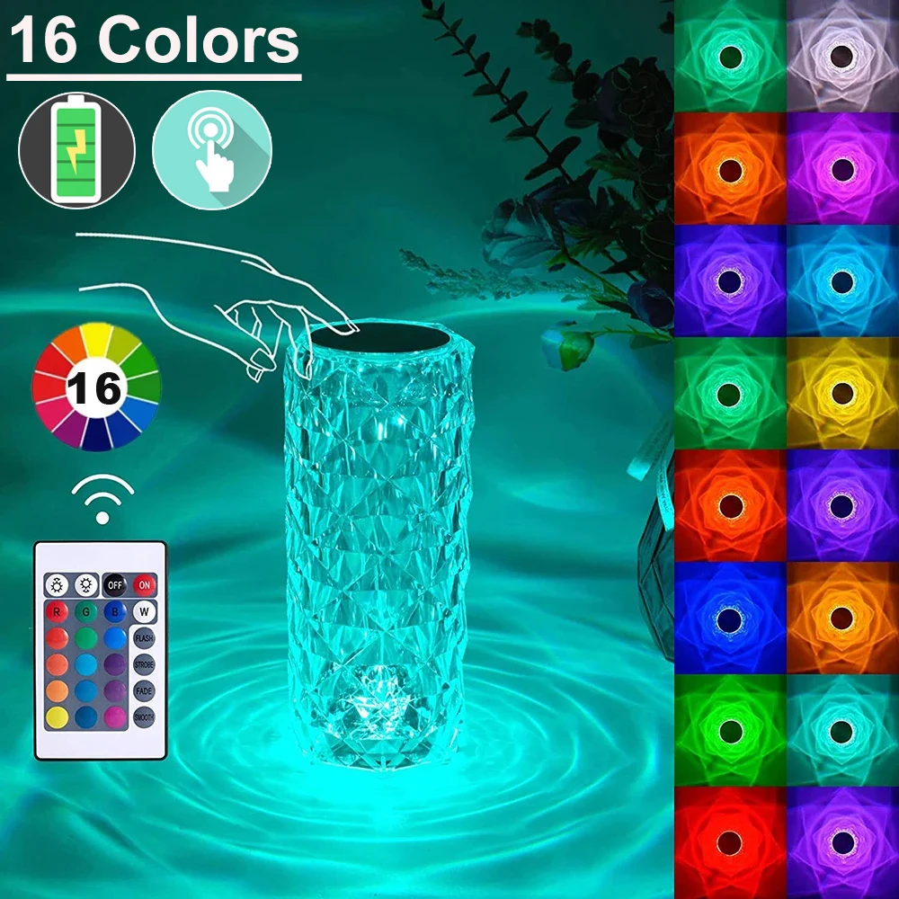 16-Color LED Rose Crystal Lamp | Touch Rechargeable Diamond Light for Romantic Home & Bar Decor BRELZA